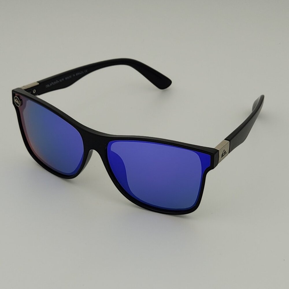 Quiksilver Round Flat Lens Sunglasses Gloss Black Frame Blue-Mirror Lens NEW Q24